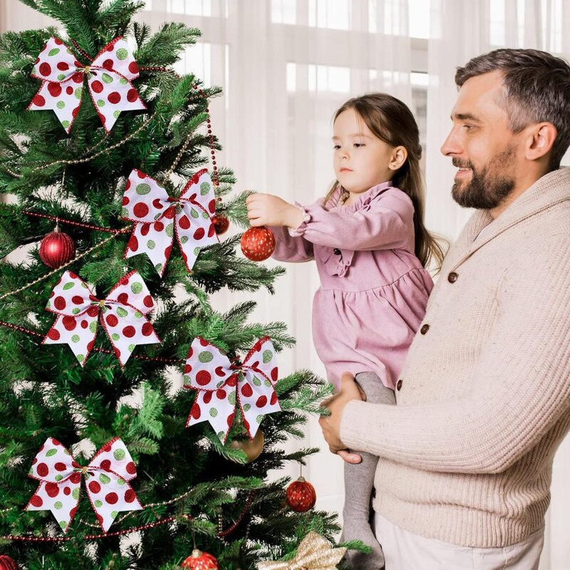 12 bucăți 6 inch decorațiuni cu fundă de Crăciun fundite mari coroană de Crăciun fundă cu sclipici cu puncte ornamente pentru cadouri de Crăciun 2025 fundă