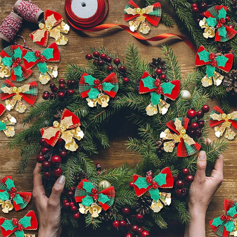 10 DB karácsonyi masni harangokkal Mini masnis karácsonyfa füzér függő díszek Karácsonyi újévi buli díszek