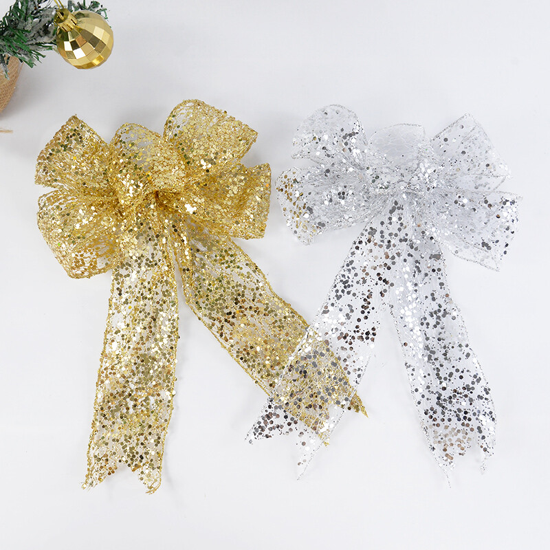 Kalėdų juostelė Bowknot Auksas Sidabras Žalia Spalva Marlė Kalėdų eglutės viršūnėje Pakabinamas pakabukas Namų vakarėlio papuošalai Naujieji Metai Navidad Noel