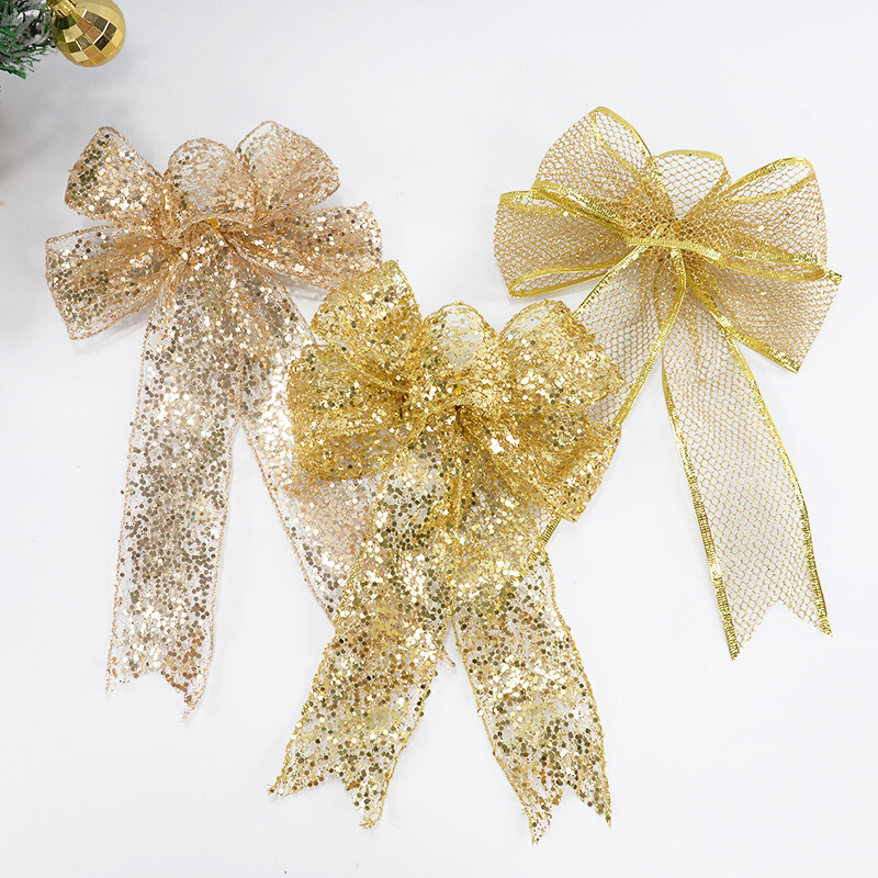 Kalėdų juostelė Bowknot Auksas Sidabras Žalia Spalva Marlė Kalėdų eglutės viršūnėje Pakabinamas pakabukas Namų vakarėlio papuošalai Naujieji Metai Navidad Noel