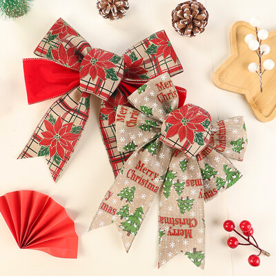 2τμχ Μεγάλο κόκκινο πράσινο γιούτα λινάτσα Χριστουγεννιάτικο Φιόγκο Δέντρο με λουλουδάτο χιόνι εμπριμέ παπιγιόν Διακοσμητικό κουτί δώρου για πάρτι γάμου