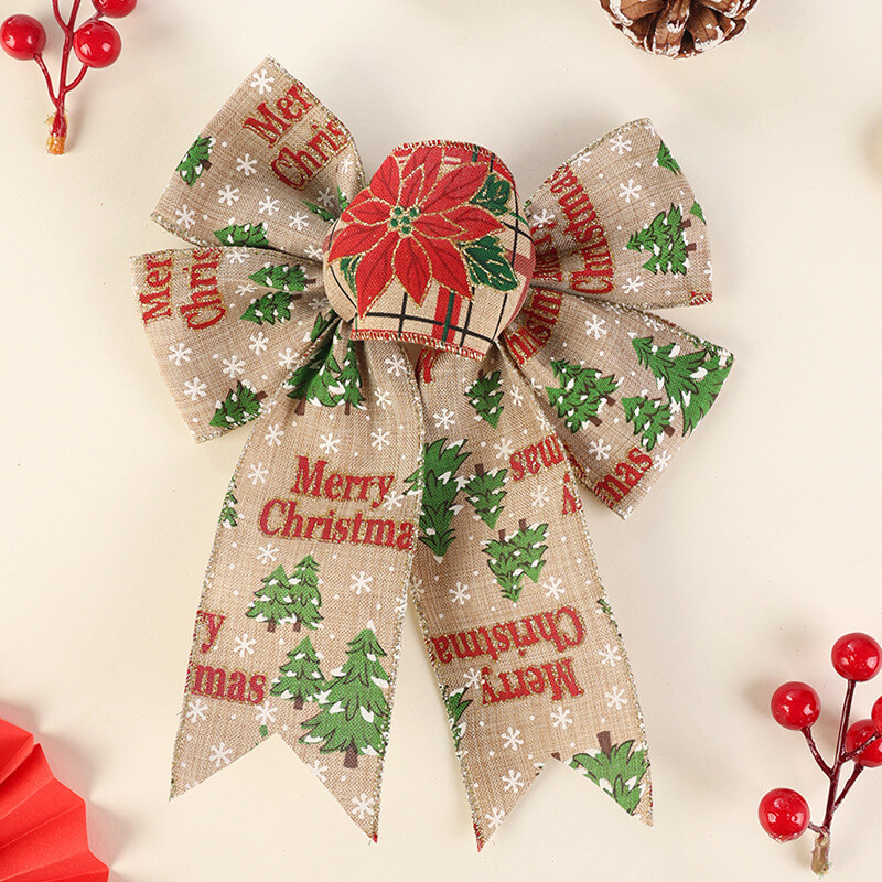 2τμχ Μεγάλο κόκκινο πράσινο γιούτα λινάτσα Χριστουγεννιάτικο Φιόγκο Δέντρο με λουλουδάτο χιόνι εμπριμέ παπιγιόν Διακοσμητικό κουτί δώρου για πάρτι γάμου