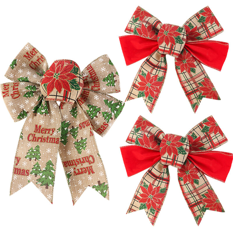 2τμχ Μεγάλο κόκκινο πράσινο γιούτα λινάτσα Χριστουγεννιάτικο Φιόγκο Δέντρο με λουλουδάτο χιόνι εμπριμέ παπιγιόν Διακοσμητικό κουτί δώρου για πάρτι γάμου