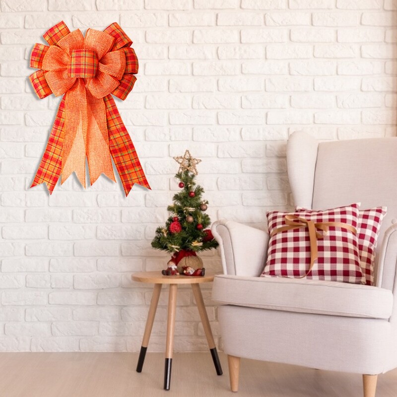 Oranžs bifeļu rūtainais loks, Pateicības vainaga bantīte dāvanu bantīte rudens ballītei priekšdurvju koka virsotne mājas iekštelpu rotājumi