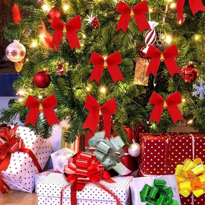36/12 gab Sarkans Ziemassvētku bantītis Mini sarkans mirdzošas lentes Locītis Ziemassvētku eglīšu rotājumi Dāvanu iesaiņošana DIY Amatniecība Navidad ballīšu mājas dekori