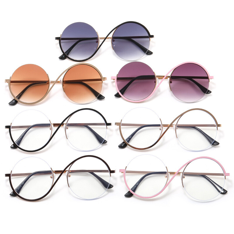 Madingi metaliniai pusiau rėmeliai akiniai vintažiniai akinių rėmeliai moterims S formos asimetrinis plokščias lęšis anti mėlynas lęšių rėmelis