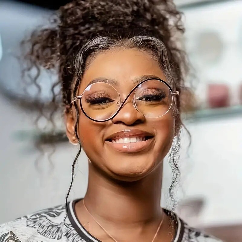 Madingi metaliniai pusiau rėmeliai akiniai vintažiniai akinių rėmeliai moterims S formos asimetrinis plokščias lęšis anti mėlynas lęšių rėmelis