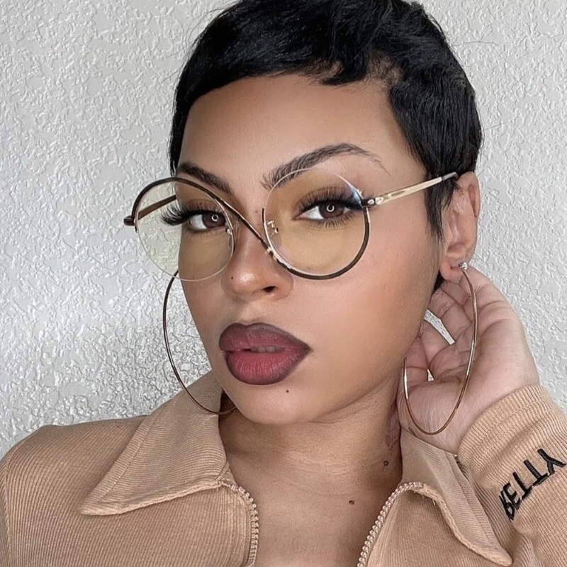 Madingi metaliniai pusiau rėmeliai akiniai vintažiniai akinių rėmeliai moterims S formos asimetrinis plokščias lęšis anti mėlynas lęšių rėmelis