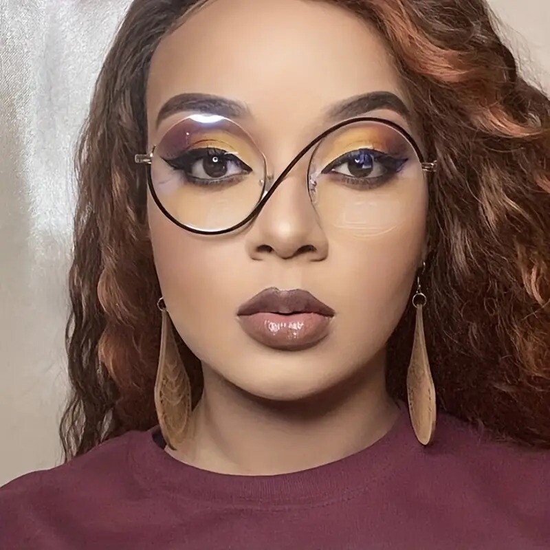 Madingi metaliniai pusiau rėmeliai akiniai vintažiniai akinių rėmeliai moterims S formos asimetrinis plokščias lęšis anti mėlynas lęšių rėmelis