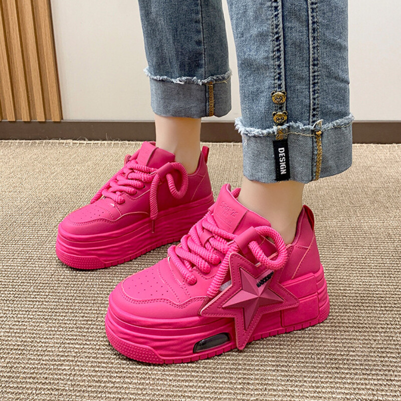 Rudeniniai odiniai rausvi stambūs sportbačiai, suvarstomi, suvarstomi storu padu, laisvalaikio batai, 2024 m. moteriški madingi vaikščiojimo batai lauke