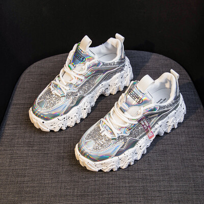 Moteriški sportbačiai, 2023 m. pavasaris, madingi blizgučiai papuošti audiniai Bling, kvėpuojantys apvalūs pirštai Laisvalaikis Stambūs moteriški batai Tenis Feminino TUINANLE