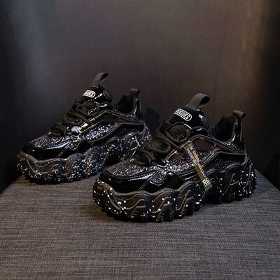 Moteriški sportbačiai, 2023 m. pavasaris, madingi blizgučiai papuošti audiniai Bling, kvėpuojantys apvalūs pirštai Laisvalaikis Stambūs moteriški batai Tenis Feminino TUINANLE