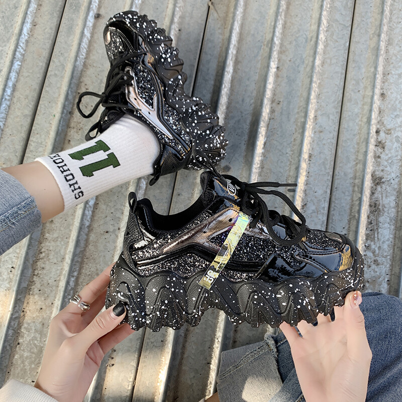Moteriški sportbačiai, 2023 m. pavasaris, madingi blizgučiai papuošti audiniai Bling, kvėpuojantys apvalūs pirštai Laisvalaikis Stambūs moteriški batai Tenis Feminino TUINANLE