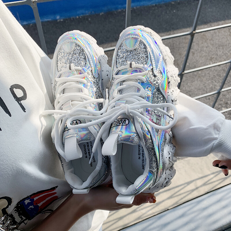 Moteriški sportbačiai, 2023 m. pavasaris, madingi blizgučiai papuošti audiniai Bling, kvėpuojantys apvalūs pirštai Laisvalaikis Stambūs moteriški batai Tenis Feminino TUINANLE