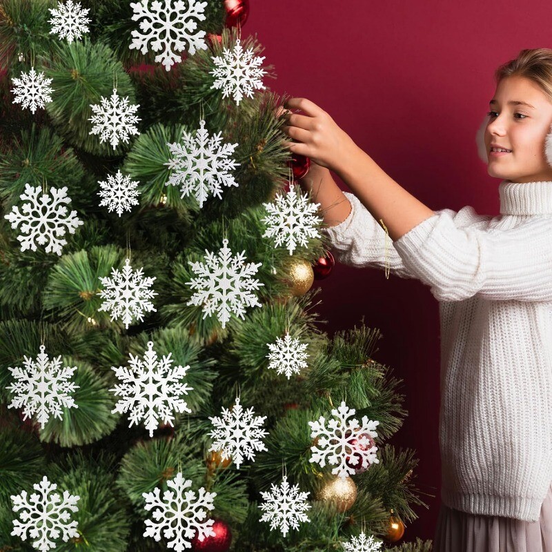 12db/táska fehér csillogó műanyag hópehely díszek karácsonyi helyszín dekoráció karácsonyfa medál otthoni téli parti kellékekhez