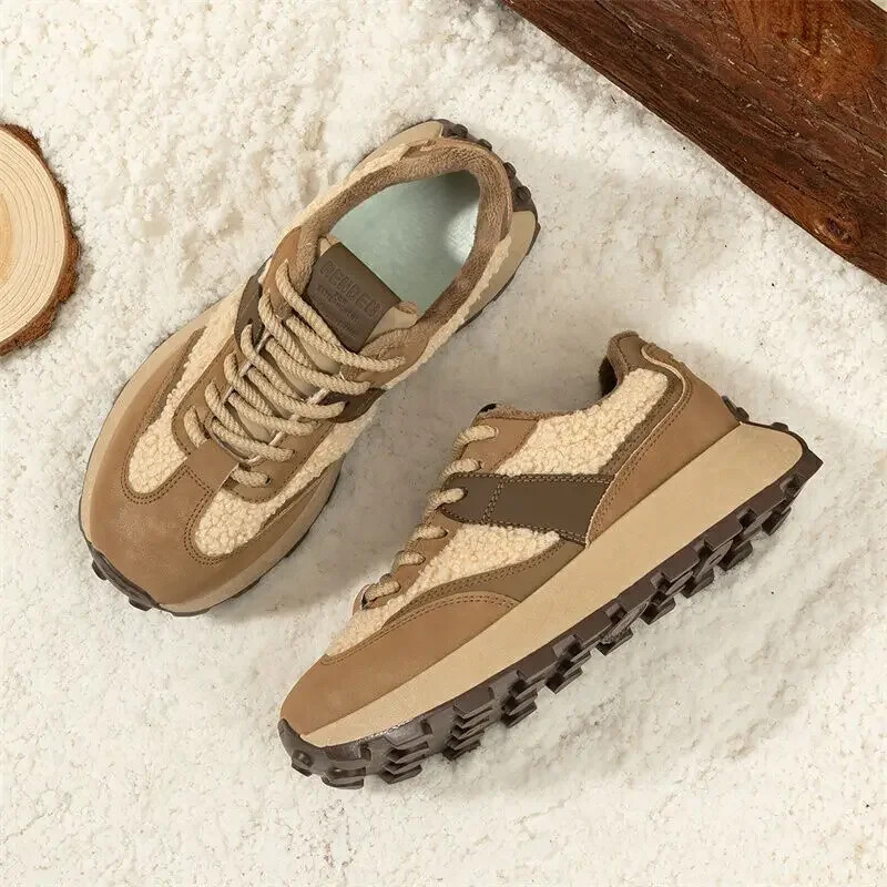 Népszerű vaskos női alkalmi tornacipők 2025-ből, új téli polár bélésű magas felső sportcipők, vastag talpú, meleg rövid hócsizmák