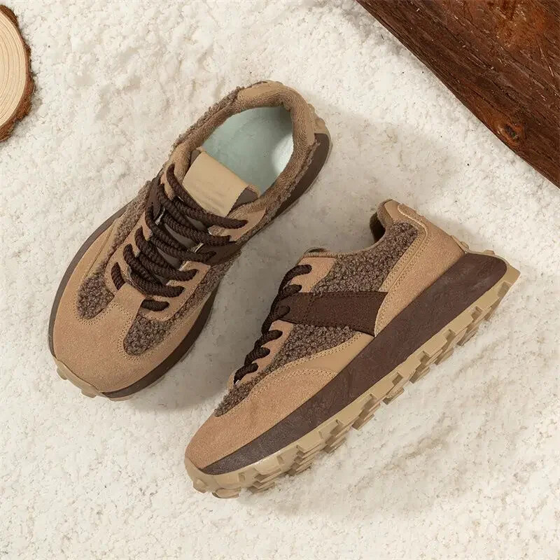 Népszerű vaskos női alkalmi tornacipők 2025-ből, új téli polár bélésű magas felső sportcipők, vastag talpú, meleg rövid hócsizmák