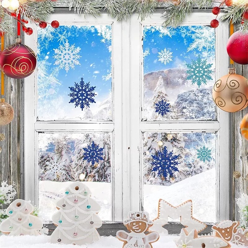 12gab Ziemassvētku mirdzoši sniegpārsliņu virtenes Ziemassvētku eglītes piekaramie kulonu rotājumi ballītes viltus sniegpārsliņu rotājumi