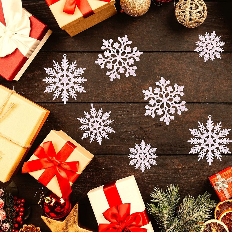 12gab Ziemassvētku mirdzoši sniegpārsliņu virtenes Ziemassvētku eglītes piekaramie kulonu rotājumi ballītes viltus sniegpārsliņu rotājumi