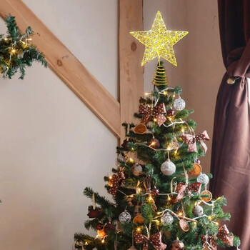 Iron Glitter Christmas Tree Topper Star with LED медни жични светлини Merry Christmas Tree Decor for Home Navidad Ornaments