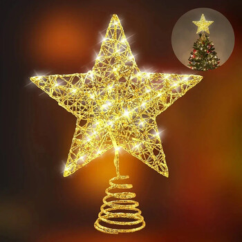 Iron Glitter Christmas Tree Topper Star with LED медни жични светлини Merry Christmas Tree Decor for Home Navidad Ornaments