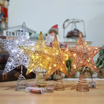 Iron Glitter Christmas Tree Topper Star with LED медни жични светлини Merry Christmas Tree Decor for Home Navidad Ornaments