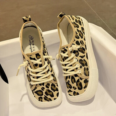 Platas pēdas Kvadrātveida purngals Audekls Loafers Sieviešu brīvā laika šņorētās kedas Platforma Leopard Zebra Print Apavi Apavi