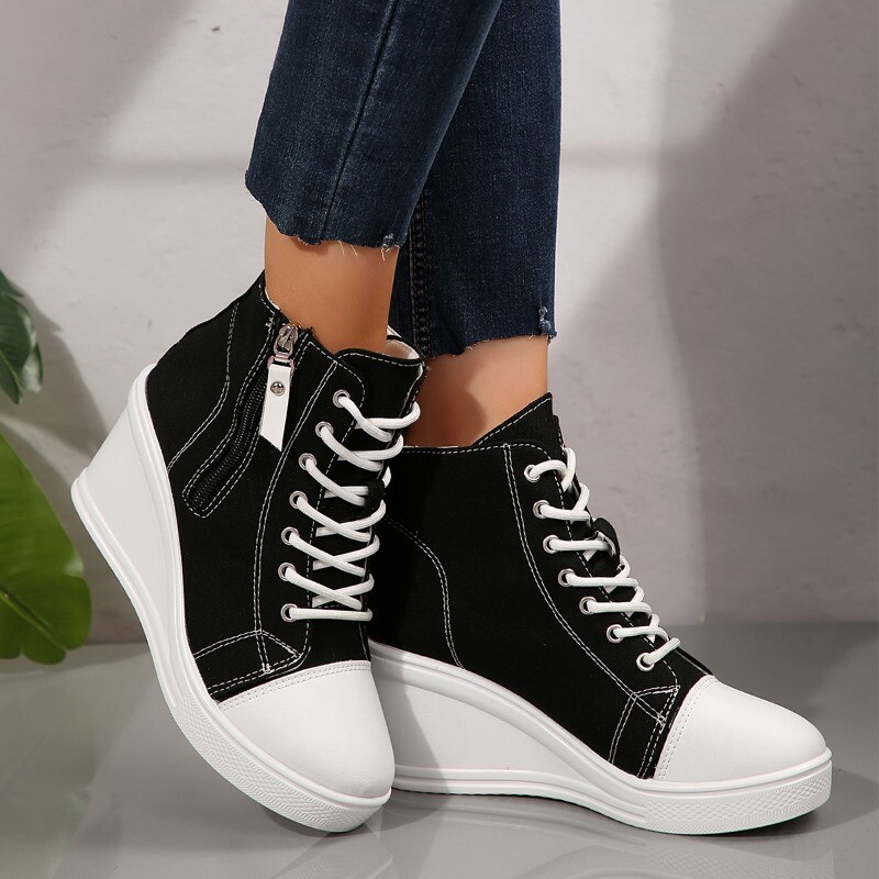 2024 noi femei cu șireturi cu platformă în aer liber pană cu toc invizibil pantofi din pânză cu fermoar lateral cu fermoar sporit pantofi respirabili