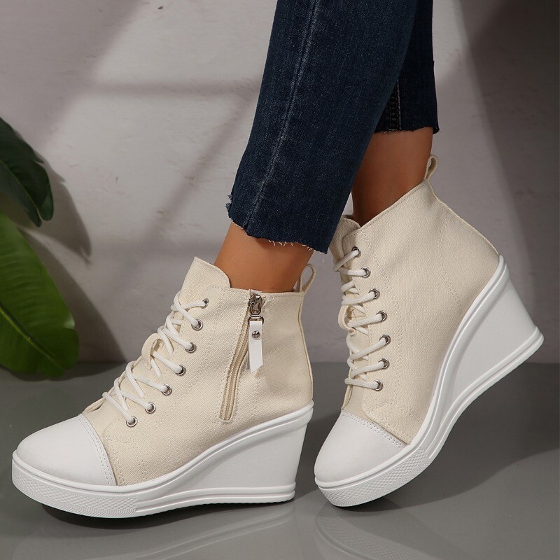 2024 noi femei cu șireturi cu platformă în aer liber pană cu toc invizibil pantofi din pânză cu fermoar lateral cu fermoar sporit pantofi respirabili