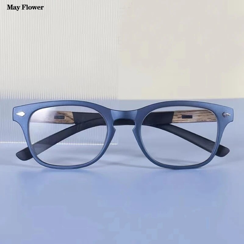 Retro medienos grūdelių skaitymo akiniai vyrams, moteriški, nesulaužomi kvadratiniai viso ratlankio Aukštos kokybės didinamieji akiniai ikislaugiai mėlyni +150 250