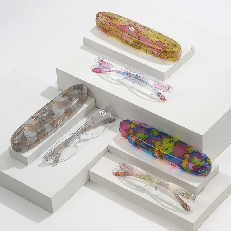 Ochelari de lectură vintage cu flori de modă, cu cutie, ochelari de vedere pentru prezbiopie, mini balamale compacte cu arc, ochelari de citire anti-lumină albastră