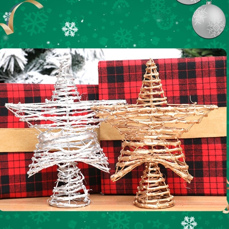 67JE Ziemassvētku eglīšu galotnes Zvaigžņu rotangpalmas pentagrammas formas koku galotnes iepirkšanās centram. Stilīgs festivāla ornaments