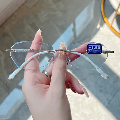 Gyémánt csiszolású olvasószemüvegek Luxus keret nélküli antikék fény Presbyopia szemüvegek kész optikai távollátó szemüveg Dioptria