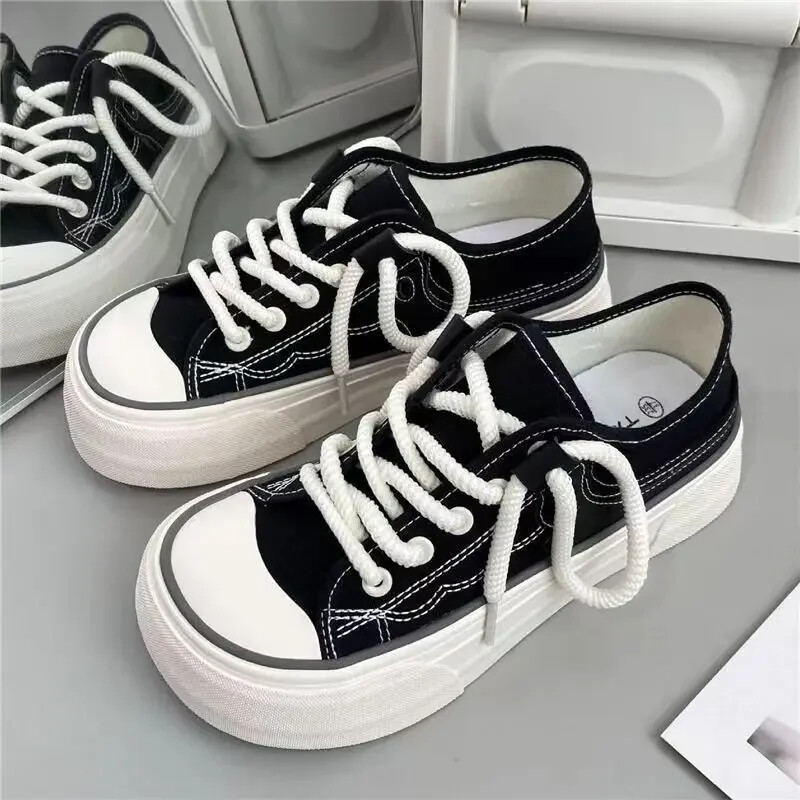 Pantofi de pânză cu platformă pentru femei, pantofi cu șireturi, pantofi groși, pantofi de sport pentru femei, pantofi casual de modă, cu degetul mare Sapatos Feminino Tenis