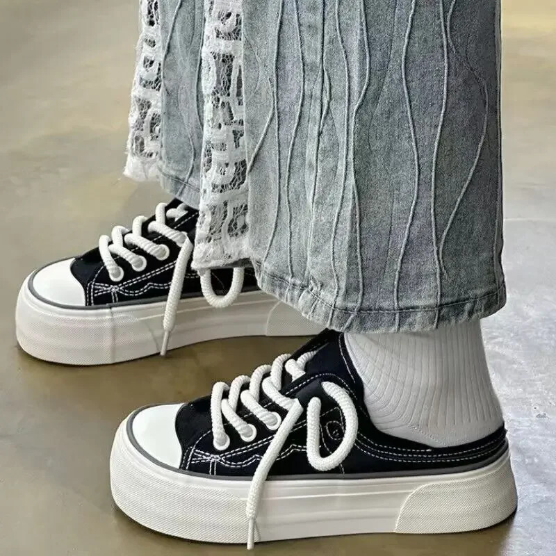 Pantofi de pânză cu platformă pentru femei, pantofi cu șireturi, pantofi groși, pantofi de sport pentru femei, pantofi casual de modă, cu degetul mare Sapatos Feminino Tenis