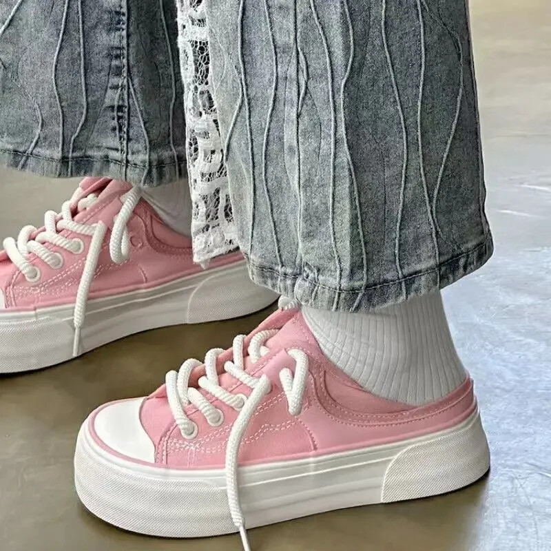 Pantofi de pânză cu platformă pentru femei, pantofi cu șireturi, pantofi groși, pantofi de sport pentru femei, pantofi casual de modă, cu degetul mare Sapatos Feminino Tenis