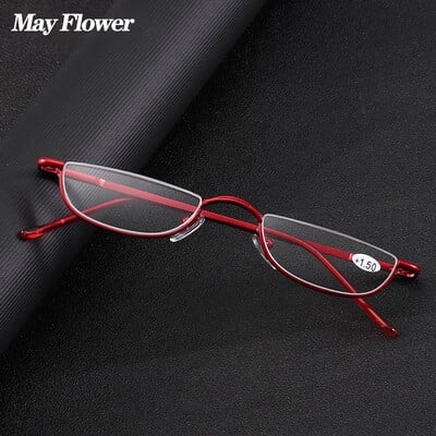 May Flower Cat Eye Reading Glasses Metal Half Frame Presbyopic Glasses Свръхлеки малки очила за хиперметропия без рамки Четци +2