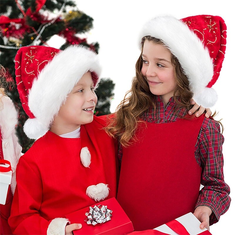 Mikulás sapkák felnőtteknek és gyerekeknek Karácsonyi sapka plüss patchwork flitterek hímzés Mikulás sapkák party sapkák Bobbles sapka