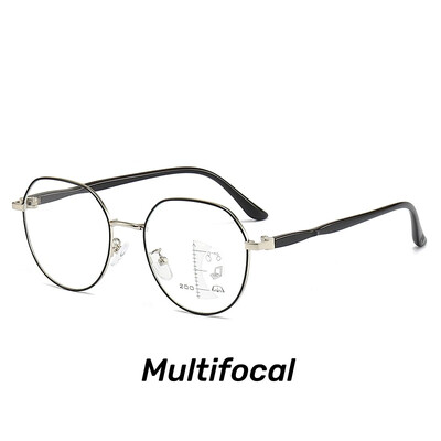 Didelės raiškos anti-mėlyni Presbyopia akiniai Retro Apvalūs Progresyvūs Daugiafokusiniai Skaitymo Akiniai Metalo rėmeliai Tolimatymo akiniai