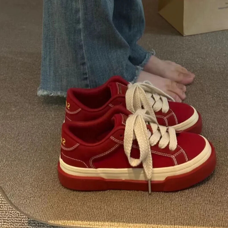 Vintage κόκκινο καμβά χαμηλά γυναικεία αθλητικά παπούτσια Casual γράμματα κέντημα skateboard Παπούτσια φοιτητικά Flat 2024