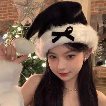 New Bow Плюшена коледна шапка Adult Red Black Xmas Hat Women Santa Claus Cosplay Props Winter Caps DIY Christmas Party Decor Gift