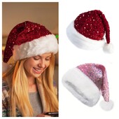 Pălărie de Crăciun cu paiete cu două straturi Pălărie de Moș Crăciun de pluș cu pompon lung pufos pentru adulți și copii Decor pentru petrecerea de Crăciun