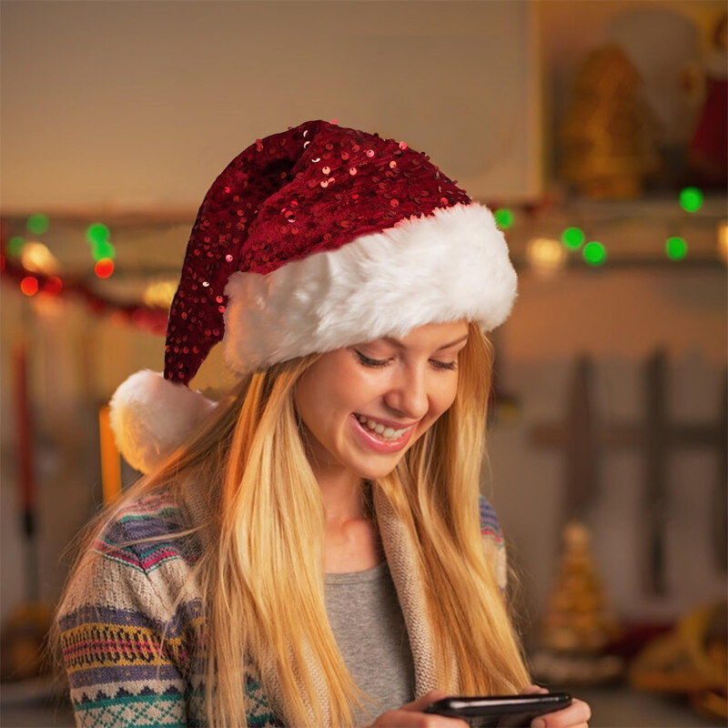 Pălărie de Crăciun cu paiete cu două straturi Pălărie de Moș Crăciun de pluș cu pompon lung pufos pentru adulți și copii Decor pentru petrecerea de Crăciun