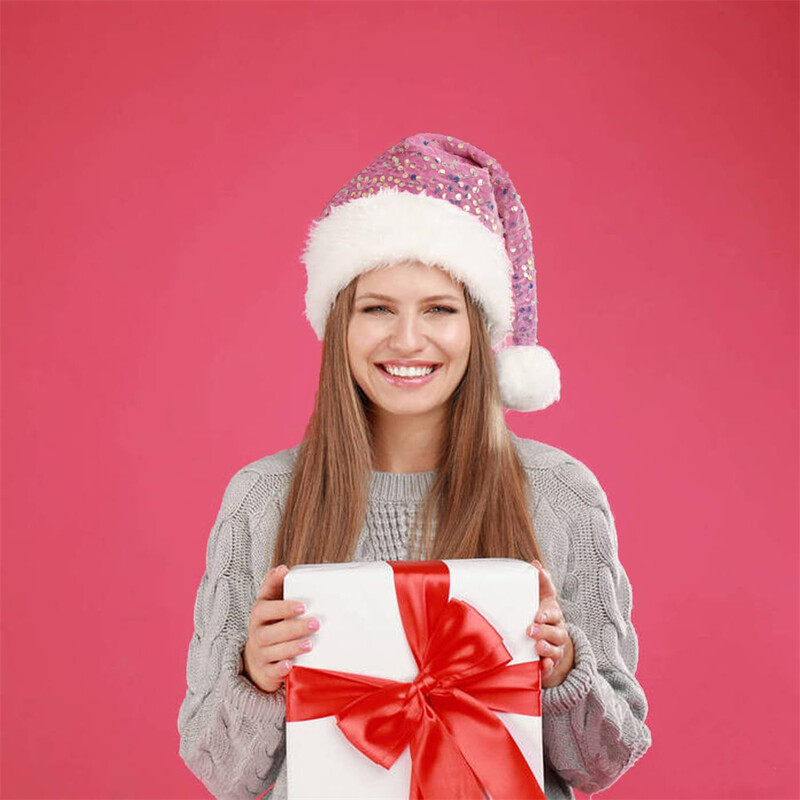 Pălărie de Crăciun cu paiete cu două straturi Pălărie de Moș Crăciun de pluș cu pompon lung pufos pentru adulți și copii Decor pentru petrecerea de Crăciun