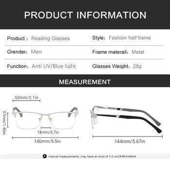 Мъжки бизнес очила за четене с половин рамка, анти-синя светлина, против умора, метална рамка, очила за пресбиопия +1,0 до +4,0