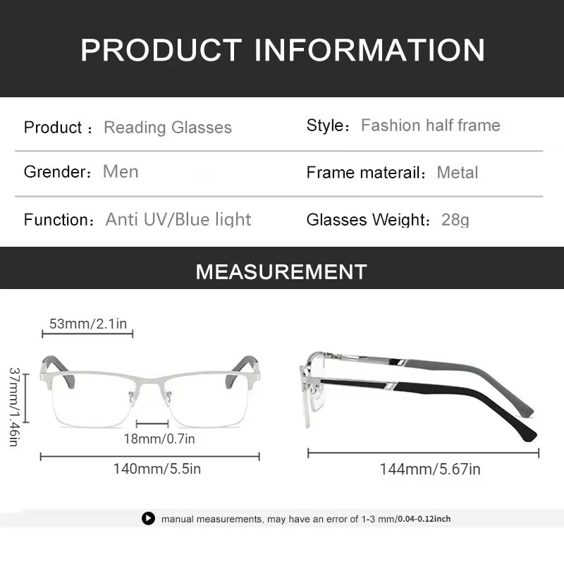 Ανδρικά επαγγελματικά γυαλιά ανάγνωσης μισού σκελετού Αντι-μπλε φως Μεταλλικό σκελετό κατά της κούρασης Γυαλιά πρεσβυωπίας +1,0 έως +4,0