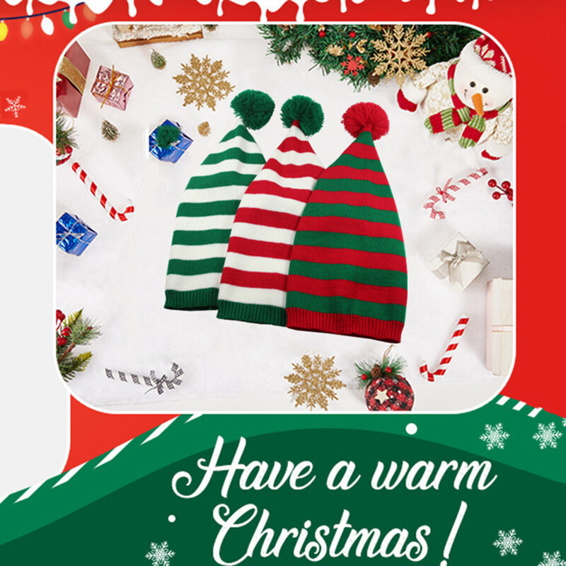 Suaugusiųjų kalėdinė megzta kepurė Elfas Kalėdų Senelis Pupelės Kalėdų Senelis Raudona Žalia dryžuota megzta nerta kepurė Linksmų Kalėdų Laimingų Naujųjų Metų