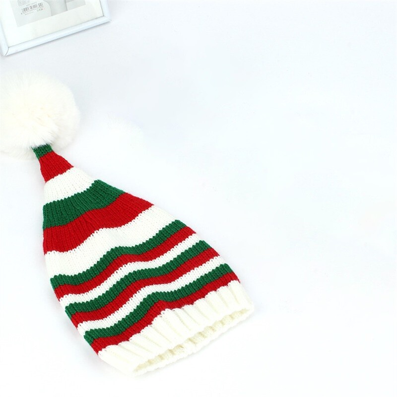 Kalėdinė megzta kepurė vaikams Dryžuota kepurė su pliušiniu rutuliniu žieminiu kepure Kalėdų šventiniam vakarėliui