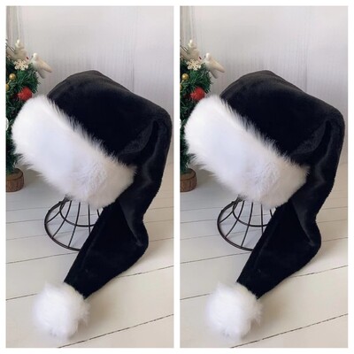 2 vnt Black Santa Hat - Adults Deluxe Black and White Kalėdų kalėdinių skrybėlių paketas