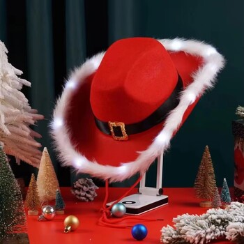 Fashion Santa Claus Party Χριστουγεννιάτικο Φωτεινό καουμπόικο καπέλο Δυτικά κόκκινα καπέλα από τσόχα φαρδύ γείσο Καπέλο καουμπόισσας Καπέλο τζαζ για γυναίκες άνδρες